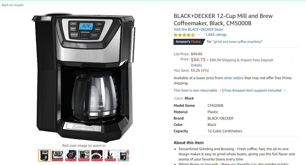 Amazon coffee maker product description example